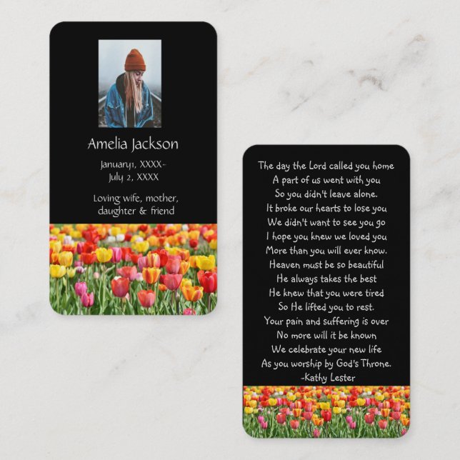 Memorial Prayer Card Tulips Garden Flowers Visitkort (Fram/baksida)