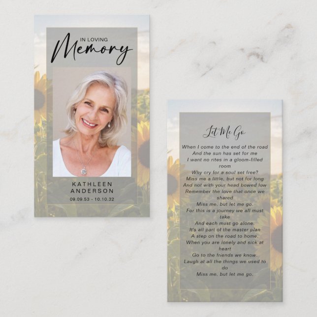 Memorial Prayer-kort | Solblommor (Fram/baksida)