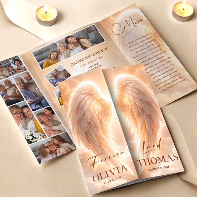 Memorial Program Orange Angel Wings Obituary (Funeral Program Orange Angel Wings Obituary Template Flyer, Funeral Memorial, Loss of Mother)