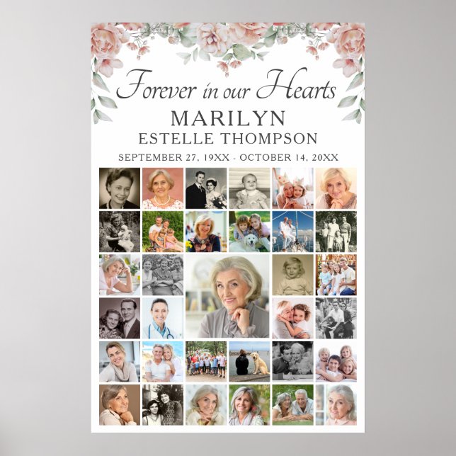 Memorial Rosa Blommigt Forever Hearts 33 Photo Poster (Framsidan)
