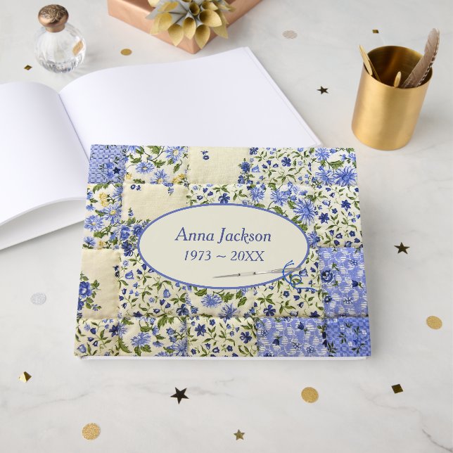 Memorial Service Blue Cornflower Patchwork Quilt Gästböcker (Framsida Öppen)