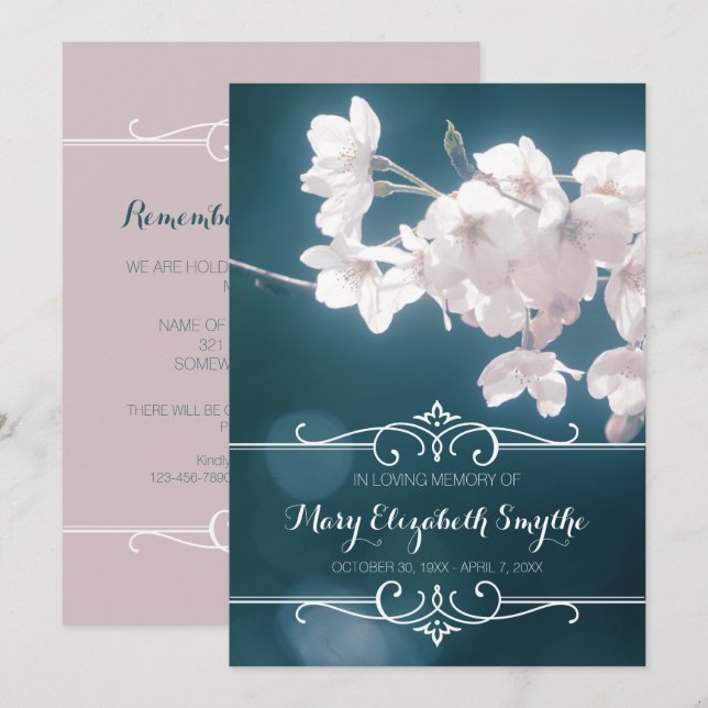 Memorial Service Cherry Blommars Sakura Flowers Inbjudningar (Fram/baksida)