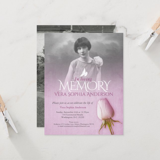 Memorial Service-foto lila ro begravning Inbjudningar (Fram/Back In Situ)
