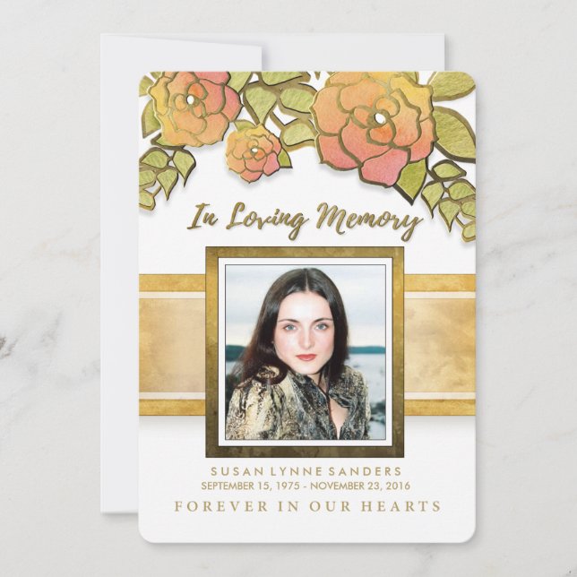 Memorial Service Golden Flowers Photo Inbjudan (Framsida)