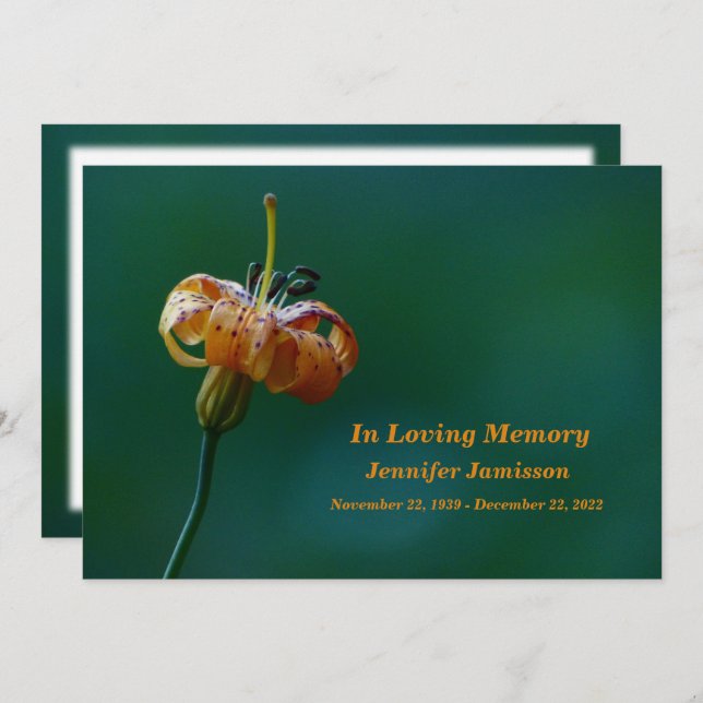Memorial Service, Golden Gult Lily Blommigt Program (Fram/baksida)