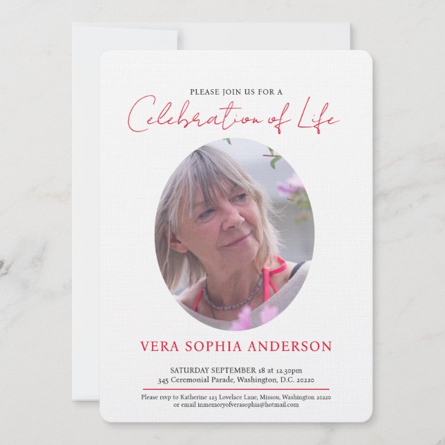 Memorial Service Hjärtoval fotoröd svart vit Inbjudningar (Framsida)