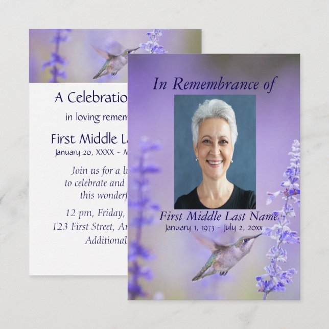Memorial Service Hummingbird Lavender Anpassningsb Inbjudningar (Fram/baksida)