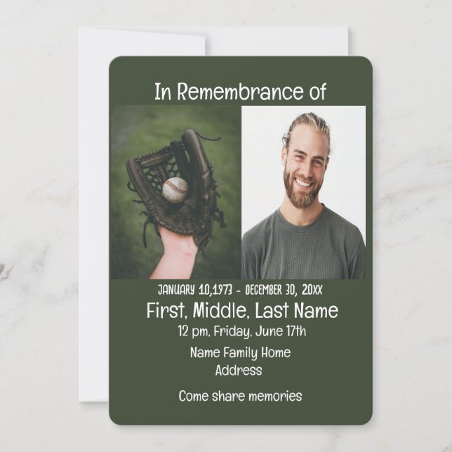 Memorial Service Inbjudan Baseball Game Player (Framsida)