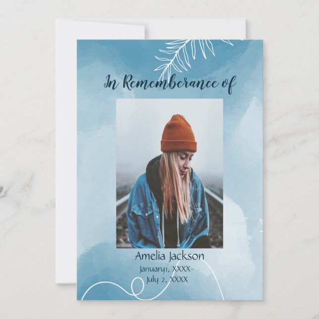 Memorial Service Inbjudan Blue Botanical Löv (Framsida)