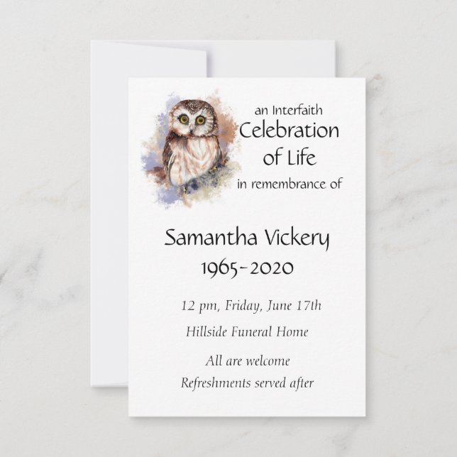 Memorial Service Inbjudan Cute Uggla Bird (Baksida)