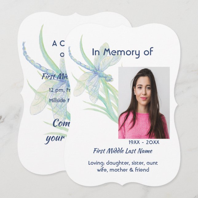 Memorial Service Inbjudan Dragonfly Watercolor Art (Fram/baksida)