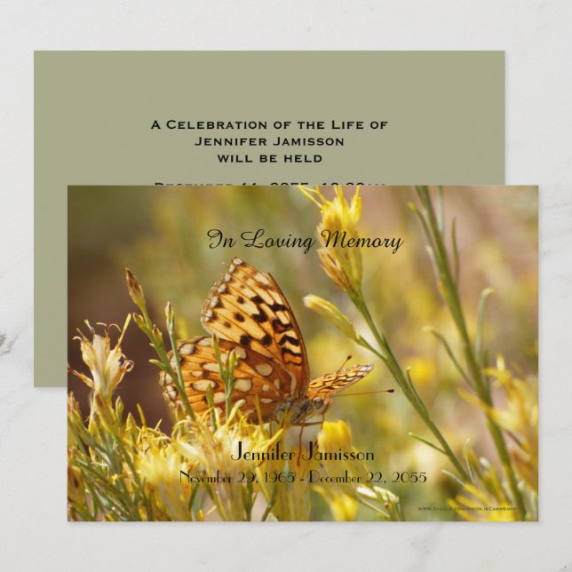 Memorial Service-inbjudan, Gult Butterfly Inbjudningar (Fram/baksida)