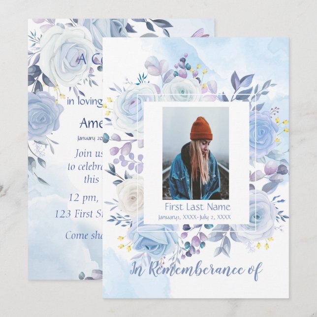 Memorial Service Inbjudan Hummingbird Blue Ro (Fram/baksida)