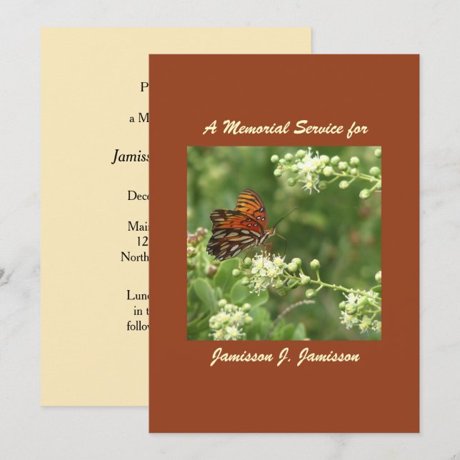 Memorial Service-inbjudan, Orange Butterfly Inbjudningar (Fram/baksida)