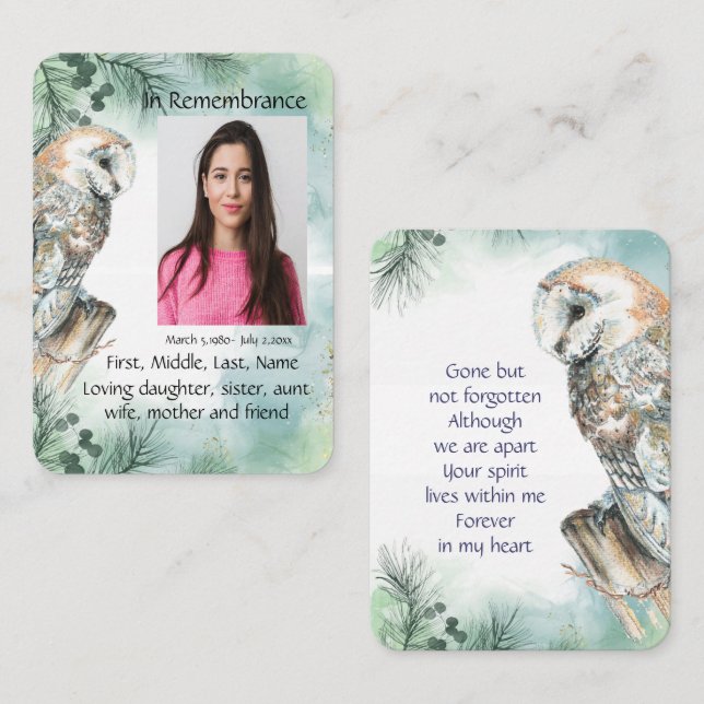 Memorial Service Inbjudan Watercolor Barn Uggla (Fram/baksida)