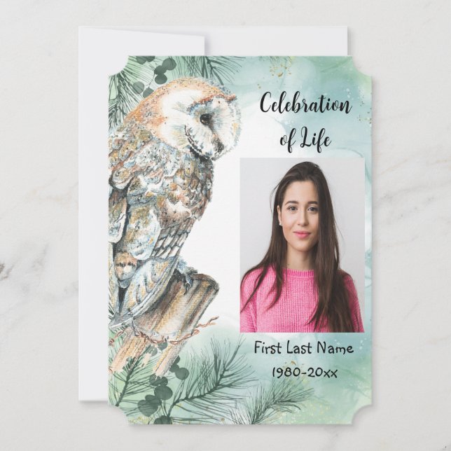 Memorial Service Inbjudan Watercolor Barn Uggla (Framsida)