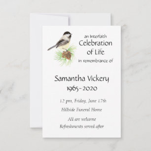 Memorial Service Inbjudan Watercolor Chickadee