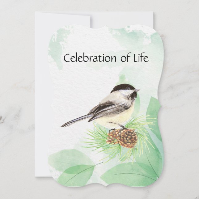 Memorial Service Inbjudan Watercolor Chickadee Bir (Framsida)