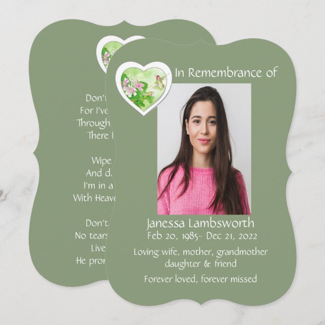 Memorial Service Inbjudan Watercolor Hummingbird (Fram/baksida)