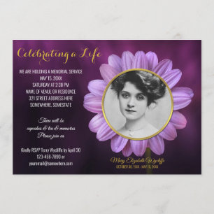 Memorial Service Lila Daisy Guld Photo Ram Inbjudningar