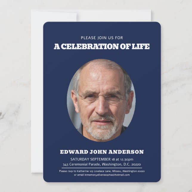 Memorial Service - oval fotoblå, vit Inbjudningar (Framsida)