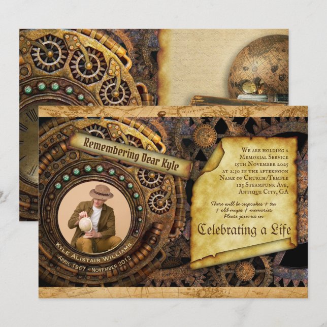 Memorial Service Steampunk Gear Time Maskin Photo Inbjudningar (Fram/baksida)