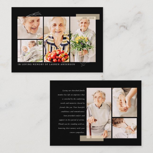 Memorial Simple Modern 7 Photo Grid Tack Visitkort (Fram/baksida)