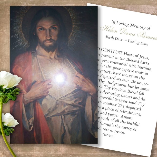 Memorial Skrämt Heart Jesus Prayer Sympathy Cards Visitkort (catholic, religious, celebration of life, in loving memory of, prayer cards for bereavement)