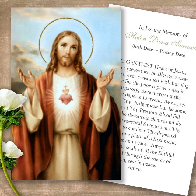Memorial Skrämt Heart Jesus Prayer Sympathy Cards Visitkort (catholic, religious, celebration of life, in loving memory of, prayer cards for bereavement)