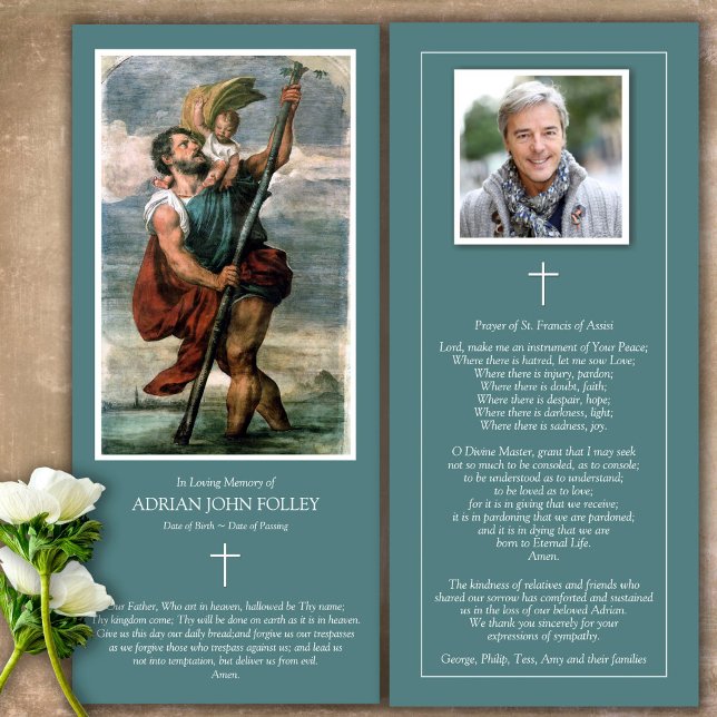 Memorial St Christopher Funeral Tack-kort (Catholic, Religious, Celebration of Life, In Loving Memory of, Forever in our hearts, funeral cards)