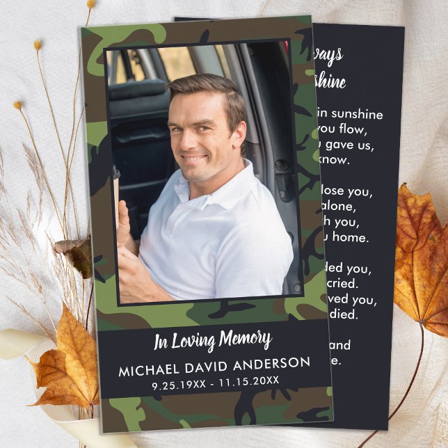 Memorial Sympathy Camo Funeral Prayer Card Rustic (Skapare uppladdad)