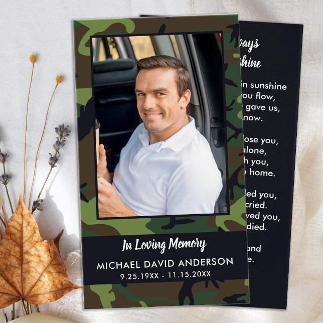 Memorial Sympathy Photo Camo Funeral Prayer Card Visitkort (Skapare uppladdad)