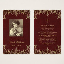 Memorial Vintage Burgundy Guld Funeral Prayer Card