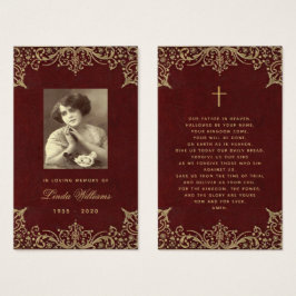Memorial Vintage Burgundy Guld Funeral Prayer Card Visitkort