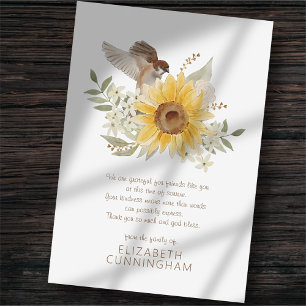 Memorial Watercolor Bird och Sunblommor Botanicals Tack Kort