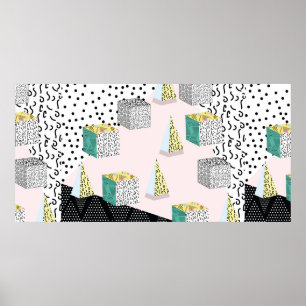 Memphis-mönster med geometriska, rutnät, randiga o poster