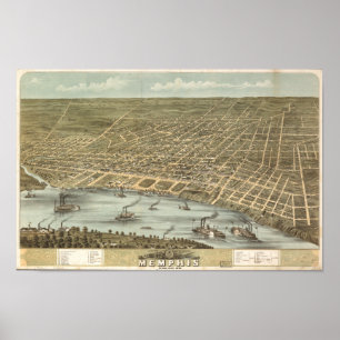 Memphis Tennessee 1870 antika panorama- karta Poster