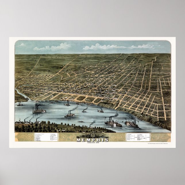 Memphis, TN Panoramic Karta - 1870 Poster (Framsidan)