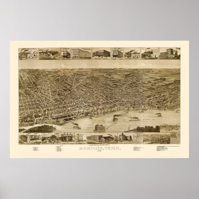 Memphis, TN Panoramic Karta - 1887 Poster (Framsidan)