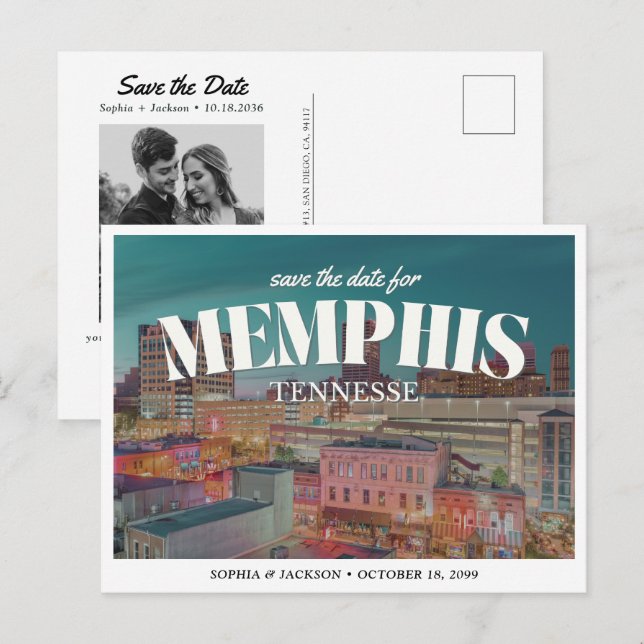 Memphis Wedding Save the Date Retro Skyline Vykort (Fram/baksida)