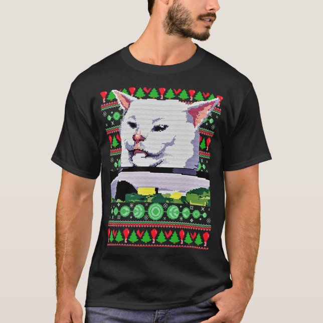 Mempress Woman Yelling at a cat Ugly X mas Sweat T Shirt (Framsida)