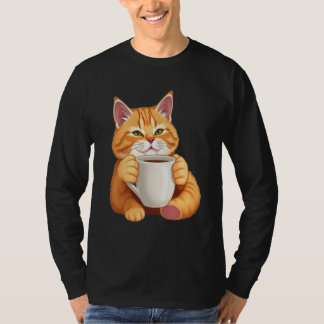 Men Cute Ginger Cat Coffee Grafik Långärmad T Shirt