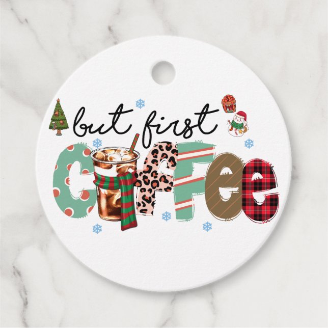 Men First Coffee God jul Gåvor Etiketter (Framsida)