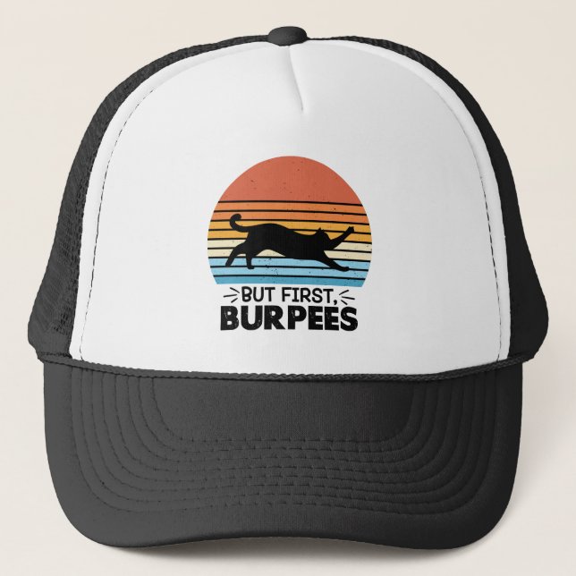 Men först, burpees Cat Owner Workout Retro Graphic Keps (Framsida)