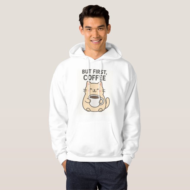 Men först, kaffe | Cute Cat Hoodie (Hel framsida)