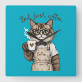 Men Först Kaffe Katt Fyrkantig Klocka