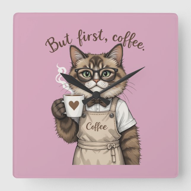 Men Först, Kaffe Katt Fyrkantig Klocka (Framsida)