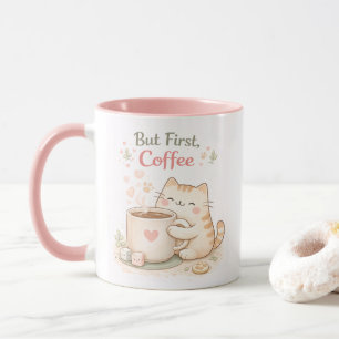 Men Först Kaffe Kawaii Söt Katt Söt Rosa Mugg
