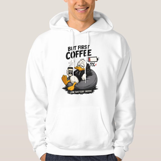 Men först kaffe Rolig kaffe Älskare Hoodie (Framsida)