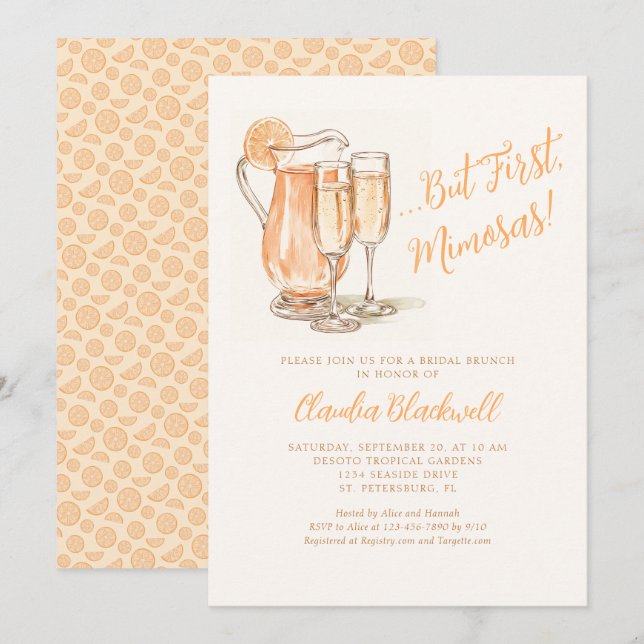 Men först Mimosas Brunch Inbjudningskort för möhip (Fram/baksida)